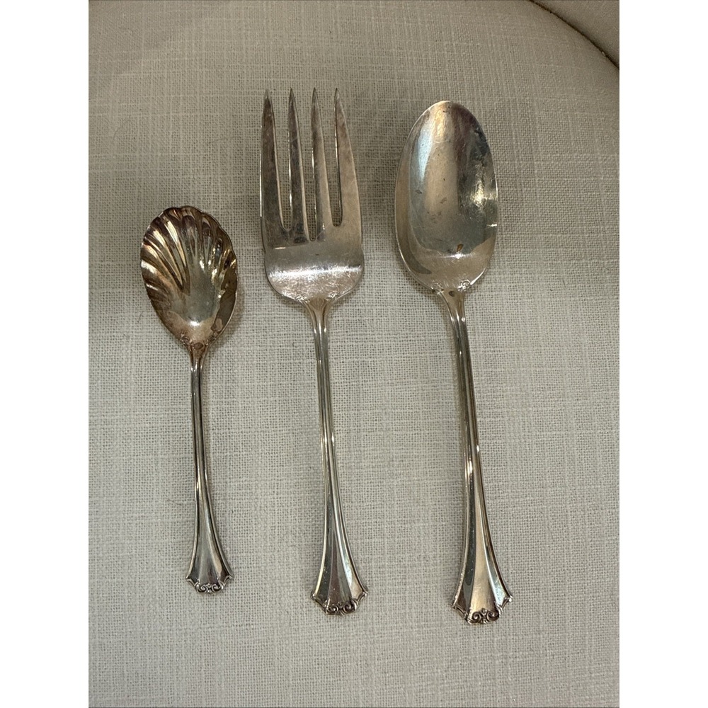 Reed & Barton Silverplate French Chippendale Serving Spoon & Fork & Scalloped Sp